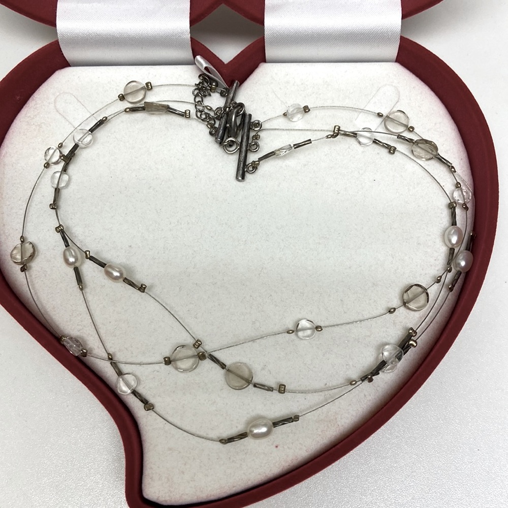 3 string necklace, fresh water white pearl , grey quartz, 20 inch